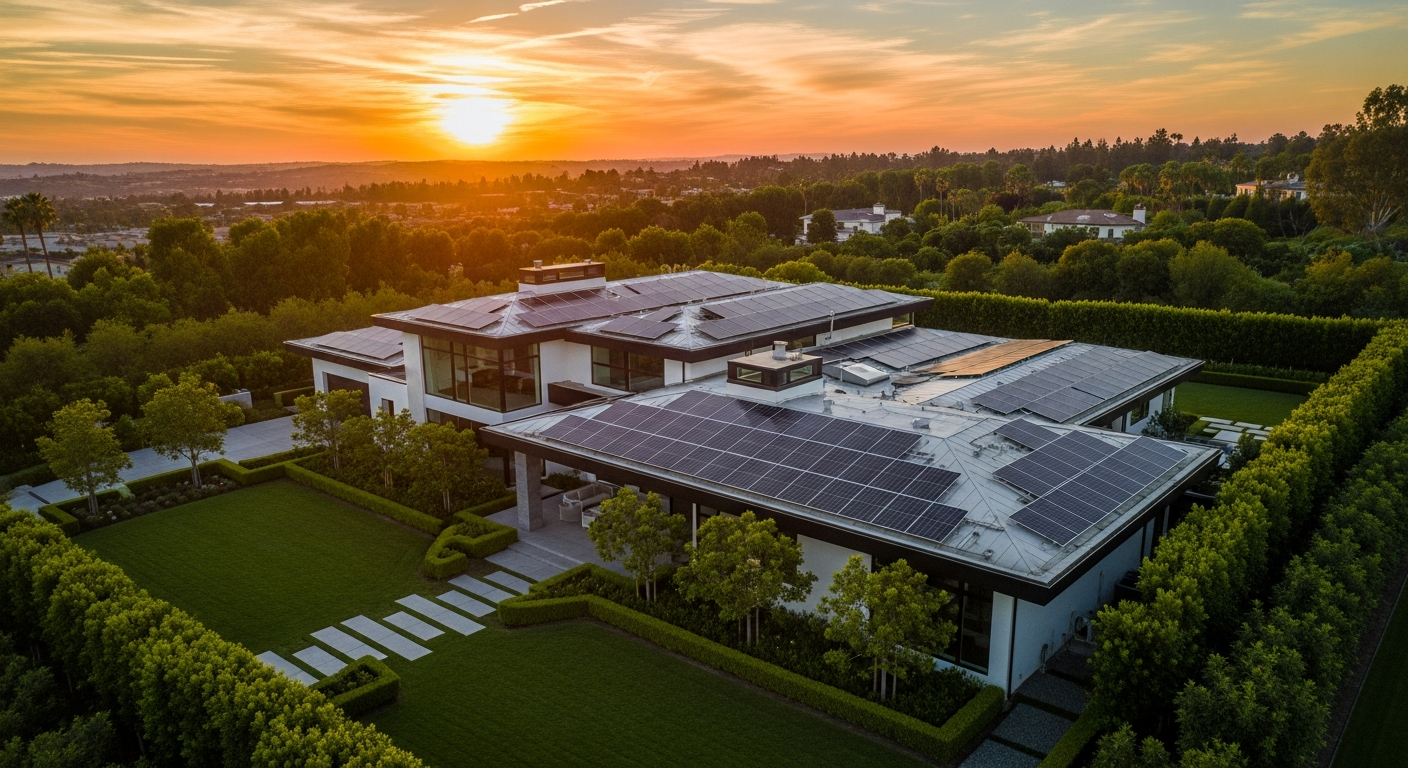 Contemporary luxury estate with integrated solar at sunset