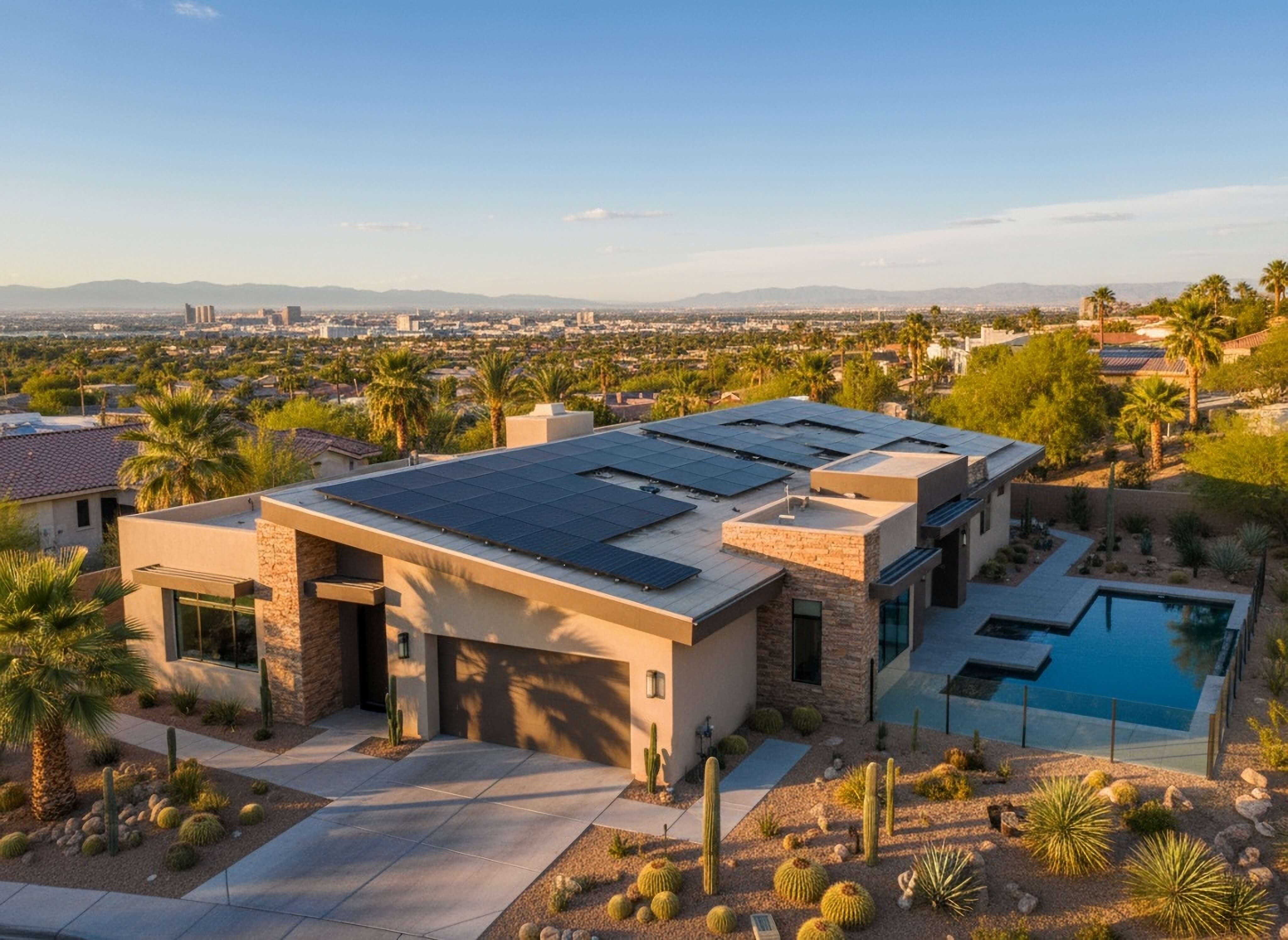 Desert luxury home with solar panels and expansive skyline views